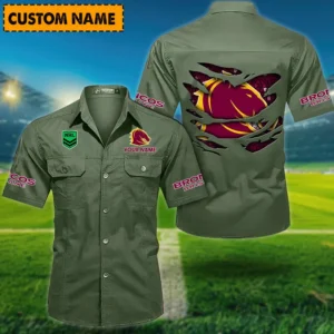 Brisbane Broncos Fans Gift Short Sleeved Shirt, All Over Print Short Sleeved Shirt For Sport Fan, Custom Name NRL171071625558-Army Green