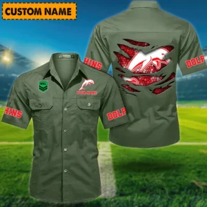 Redcliffe Dolphins Fans Gift Short Sleeved Shirt, All Over Print Short Sleeved Shirt For Sport Fan, Custom Name NRL171071625561-Army Green