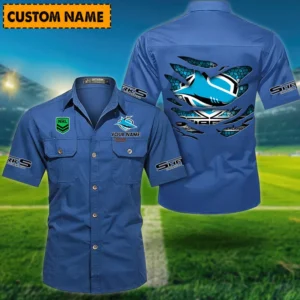 Cronulla Sharks Fans Gift Short Sleeved Shirt, All Over Print Short Sleeved Shirt For Sport Fan, Custom Name NRL171071625563-Cowboy Blue