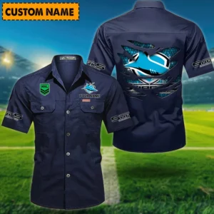 Cronulla Sharks Fans Gift Short Sleeved Shirt, All Over Print Short Sleeved Shirt For Sport Fan, Custom Name NRL171071625563-Dark Blue