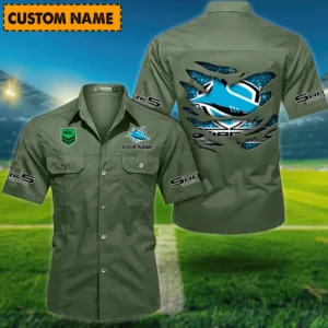 Cronulla Sharks Fans Gift Short Sleeved Shirt, All Over Print Short Sleeved Shirt For Sport Fan, Custom Name NRL171071625563-Army Green