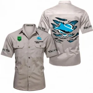 Cronulla Sharks Fans Gift Short Sleeved Shirt, All Over Print Short Sleeved Shirt For Sport Fan, Custom Name NRL171071625563-Gray