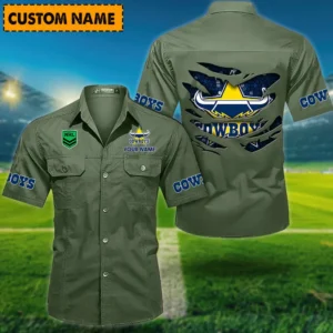 North Queensland Cowboys Fans Gift Short Sleeved Shirt, All Over Print Short Sleeved Shirt For Sport Fan, Custom Name NRL171071625564-Army Green
