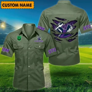 Melbourne Storm Fans Gift Short Sleeved Shirt, All Over Print Short Sleeved Shirt For Sport Fan, Custom Name NRL171071625569-Army Green
