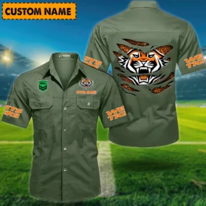 Wests Tigers Fans Gift Short Sleeved Shirt, All Over Print Short Sleeved Shirt For Sport Fan, Custom Name NRL171071625571-Army Green