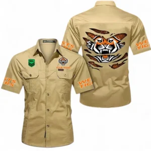 Wests Tigers Fans Gift Short Sleeved Shirt, All Over Print Short Sleeved Shirt For Sport Fan, Custom Name NRL171071625571-Khaki