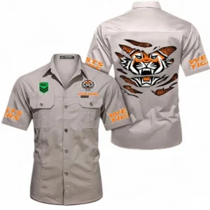 Wests Tigers Fans Gift Short Sleeved Shirt, All Over Print Short Sleeved Shirt For Sport Fan, Custom Name NRL171071625571-Gray