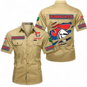 Newcastle Knights Fans Gift Short Sleeved Shirt, All Over Print Short Sleeved Shirt For Sport Fan, Custom Name NRL172071625338-Khaki