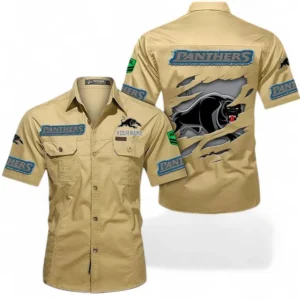 Penrith Panthers Fans Gift Short Sleeved Shirt, All Over Print Short Sleeved Shirt For Sport Fan, Custom Name NRL172071625340-Khaki