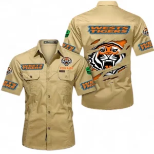 Wests Tigers Fans Gift Short Sleeved Shirt, All Over Print Short Sleeved Shirt For Sport Fan, Custom Name NRL172071625341-Khaki