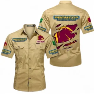 Brisbane Broncos Fans Gift Short Sleeved Shirt, All Over Print Short Sleeved Shirt For Sport Fan, Custom Name NRL172071625342-Khaki