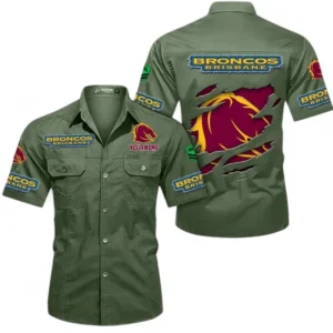 Brisbane Broncos Fans Gift Short Sleeved Shirt, All Over Print Short Sleeved Shirt For Sport Fan, Custom Name NRL172071625342-Army Green