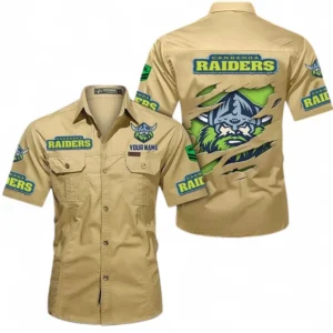 Canberra Raiders Fans Gift Short Sleeved Shirt, All Over Print Short Sleeved Shirt For Sport Fan, Custom Name NRL172071625343-Khaki