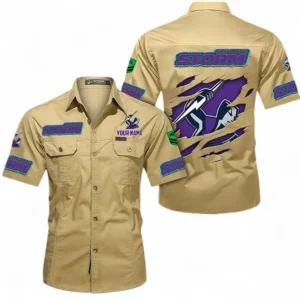 Melbourne Storm Fans Gift Short Sleeved Shirt, All Over Print Short Sleeved Shirt For Sport Fan, Custom Name NRL172071625344-Khaki