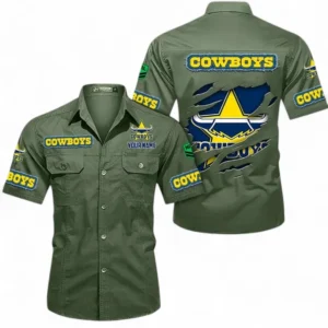North Queensland Cowboys Fans Gift Short Sleeved Shirt, All Over Print Short Sleeved Shirt For Sport Fan, Custom Name NRL172071625346-Army Green