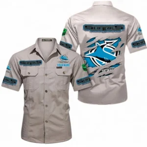 Cronulla Sharks Fans Gift Short Sleeved Shirt, All Over Print Short Sleeved Shirt For Sport Fan, Custom Name NRL172071625347-Gray