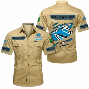 Cronulla Sharks Fans Gift Short Sleeved Shirt, All Over Print Short Sleeved Shirt For Sport Fan, Custom Name NRL172071625347-Khaki
