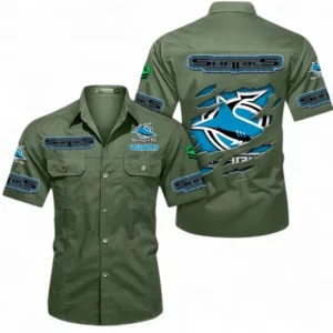 Cronulla Sharks Fans Gift Short Sleeved Shirt, All Over Print Short Sleeved Shirt For Sport Fan, Custom Name NRL172071625347-Army Green