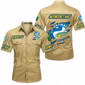 Parramatta Eels Fans Gift Short Sleeved Shirt, All Over Print Short Sleeved Shirt For Sport Fan, Custom Name NRL172071625348-Khaki