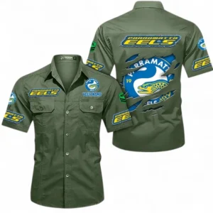 Parramatta Eels Fans Gift Short Sleeved Shirt, All Over Print Short Sleeved Shirt For Sport Fan, Custom Name NRL172071625348-Army Green