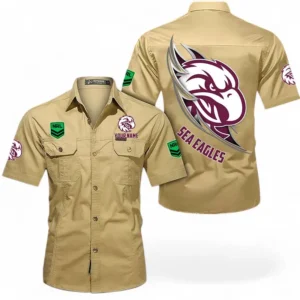 Manly Warringah Sea Eagles Fans Gift Short Sleeved Shirt, All Over Print Short Sleeved Shirt For Sport Fan, Custom Name NRL173071625001-Khaki