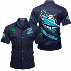 Cronulla Sharks Fans Gift Short Sleeved Shirt, All Over Print Short Sleeved Shirt For Sport Fan, Custom Name NRL173071625002-Dark Blue