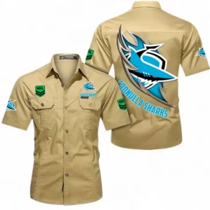 Cronulla Sharks Fans Gift Short Sleeved Shirt, All Over Print Short Sleeved Shirt For Sport Fan, Custom Name NRL173071625002-Khaki