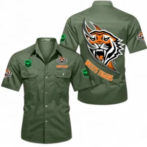Wests Tigers Fans Gift Short Sleeved Shirt, All Over Print Short Sleeved Shirt For Sport Fan, Custom Name NRL173071625009-Army Green