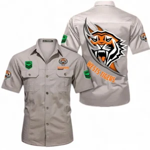 Wests Tigers Fans Gift Short Sleeved Shirt, All Over Print Short Sleeved Shirt For Sport Fan, Custom Name NRL173071625009-Gray