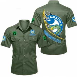 Parramatta Eels Fans Gift Short Sleeved Shirt, All Over Print Short Sleeved Shirt For Sport Fan, Custom Name NRL173071625013-Army Green