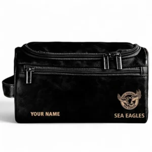 Manly Warringah Sea Eagles  Fans Gift Leather Toiletry Bag, All Over Print Leather Toiletry Bag For Sport Fan, Custom Name NRL177071525667-Black