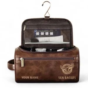 Manly Warringah Sea Eagles  Fans Gift Leather Toiletry Bag, All Over Print Leather Toiletry Bag For Sport Fan, Custom Name NRL177071525667-Dark Brown