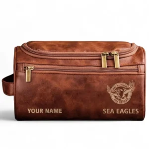 Manly Warringah Sea Eagles  Fans Gift Leather Toiletry Bag, All Over Print Leather Toiletry Bag For Sport Fan, Custom Name NRL177071525667-Reddish Brown