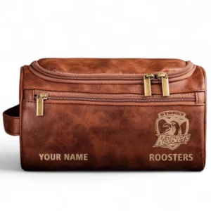 Sydney Roosters  Fans Gift Leather Toiletry Bag, All Over Print Leather Toiletry Bag For Sport Fan, Custom Name NRL177071525671-Reddish Brown