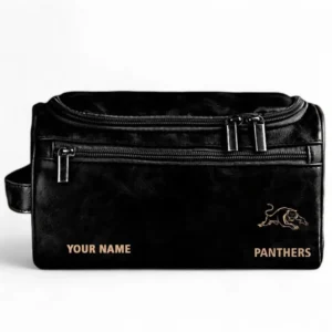 Penrith Panthers  Fans Gift Leather Toiletry Bag, All Over Print Leather Toiletry Bag For Sport Fan, Custom Name NRL177071525674-Black