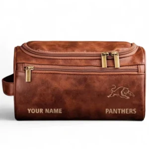 Penrith Panthers  Fans Gift Leather Toiletry Bag, All Over Print Leather Toiletry Bag For Sport Fan, Custom Name NRL177071525674-Reddish Brown