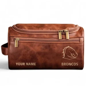 Brisbane Broncos  Fans Gift Leather Toiletry Bag, All Over Print Leather Toiletry Bag For Sport Fan, Custom Name NRL177071525675-Reddish Brown