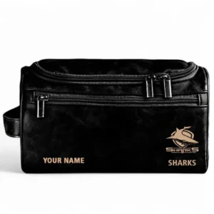 Cronulla Sharks  Fans Gift Leather Toiletry Bag, All Over Print Leather Toiletry Bag For Sport Fan, Custom Name NRL177071525676-Black