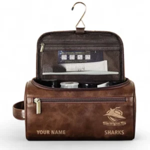 Cronulla Sharks  Fans Gift Leather Toiletry Bag, All Over Print Leather Toiletry Bag For Sport Fan, Custom Name NRL177071525676-Dark Brown