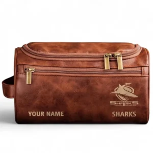 Cronulla Sharks  Fans Gift Leather Toiletry Bag, All Over Print Leather Toiletry Bag For Sport Fan, Custom Name NRL177071525676-Reddish Brown