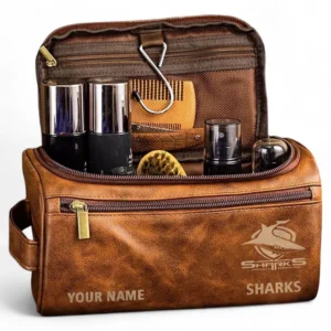 Cronulla Sharks  Fans Gift Leather Toiletry Bag, All Over Print Leather Toiletry Bag For Sport Fan, Custom Name NRL177071525676-Yellowish Brown