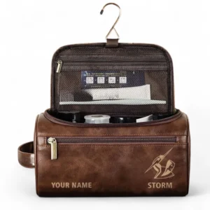 Melbourne Storm  Fans Gift Leather Toiletry Bag, All Over Print Leather Toiletry Bag For Sport Fan, Custom Name NRL177071525678-Dark Brown