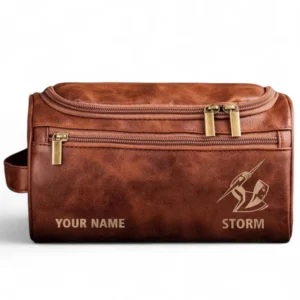 Melbourne Storm  Fans Gift Leather Toiletry Bag, All Over Print Leather Toiletry Bag For Sport Fan, Custom Name NRL177071525678-Reddish Brown