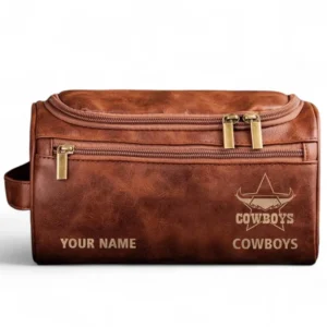 North Queensland Cowboys  Fans Gift Leather Toiletry Bag, All Over Print Leather Toiletry Bag For Sport Fan, Custom Name NRL177071525679-Reddish Brown