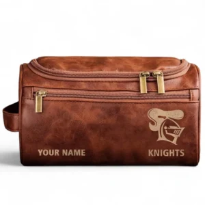 Newcastle Knights  Fans Gift Leather Toiletry Bag, All Over Print Leather Toiletry Bag For Sport Fan, Custom Name NRL177071525680-Reddish Brown