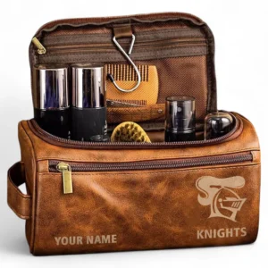 Newcastle Knights  Fans Gift Leather Toiletry Bag, All Over Print Leather Toiletry Bag For Sport Fan, Custom Name NRL177071525680-Yellowish Brown