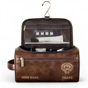 Wests Tigers  Fans Gift Leather Toiletry Bag, All Over Print Leather Toiletry Bag For Sport Fan, Custom Name NRL177071525681-Dark Brown