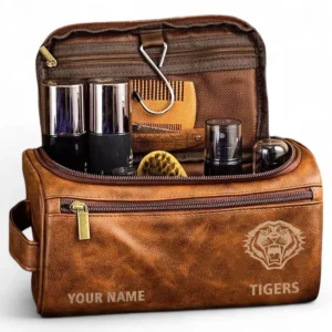 Wests Tigers  Fans Gift Leather Toiletry Bag, All Over Print Leather Toiletry Bag For Sport Fan, Custom Name NRL177071525681-Yellowish Brown