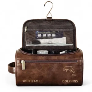 Redcliffe Dolphins  Fans Gift Leather Toiletry Bag, All Over Print Leather Toiletry Bag For Sport Fan, Custom Name NRL177071525682-Dark Brown