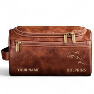 Redcliffe Dolphins  Fans Gift Leather Toiletry Bag, All Over Print Leather Toiletry Bag For Sport Fan, Custom Name NRL177071525682-Reddish Brown